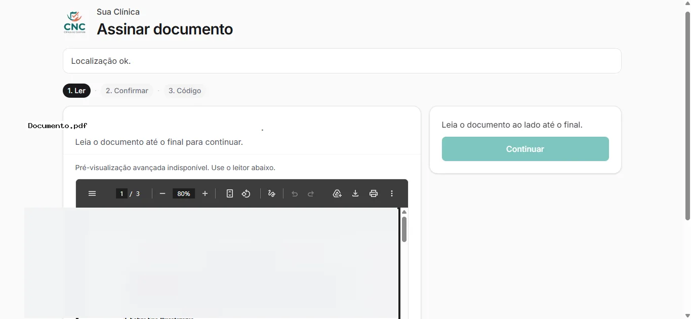 Portal do paciente para ler e confirmar documento